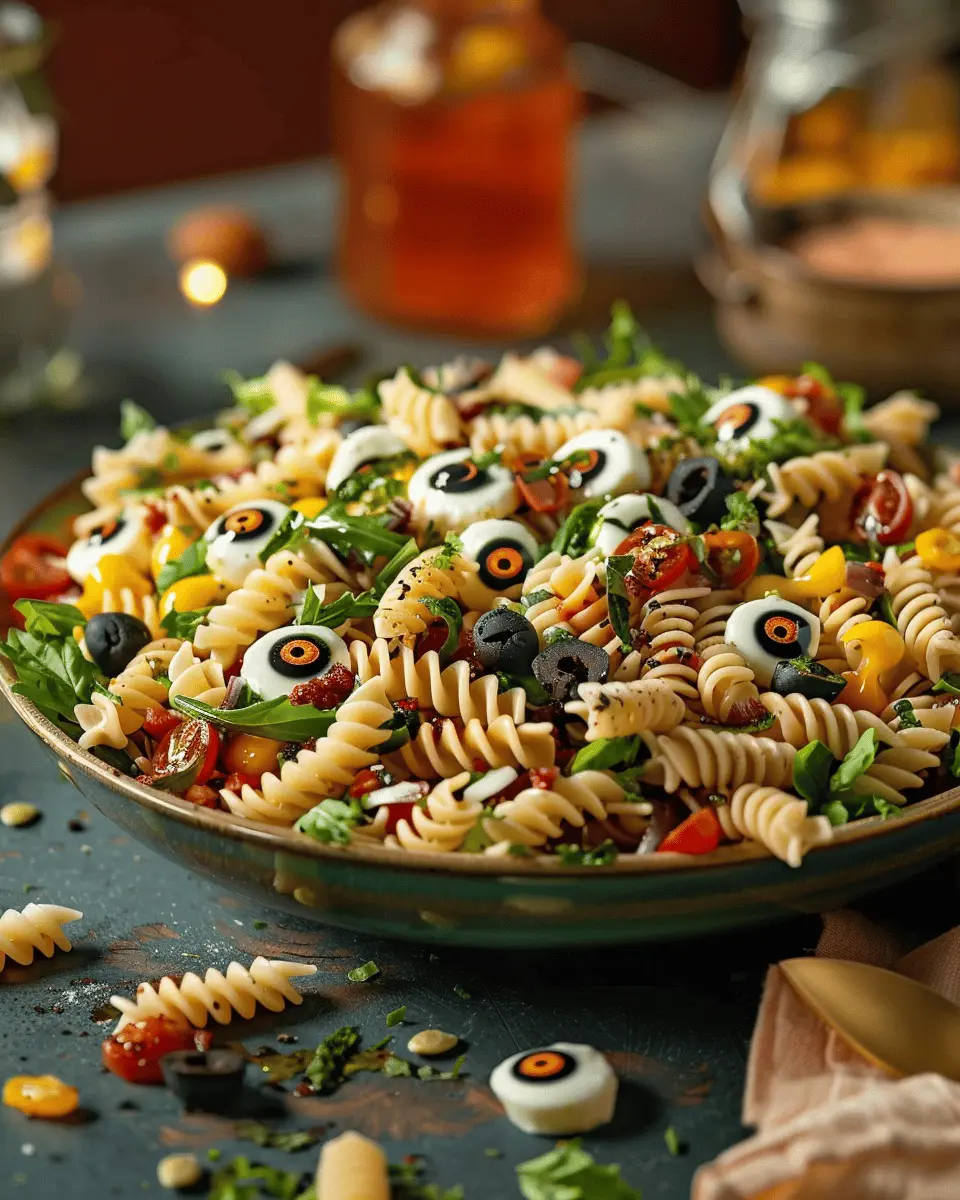 eyeball pasta salad: easy creepy pasta salad with mozzarella eyes