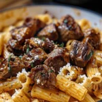 Cajun Steak Tips in Cheesy Rigatoni Parmesan Sauce