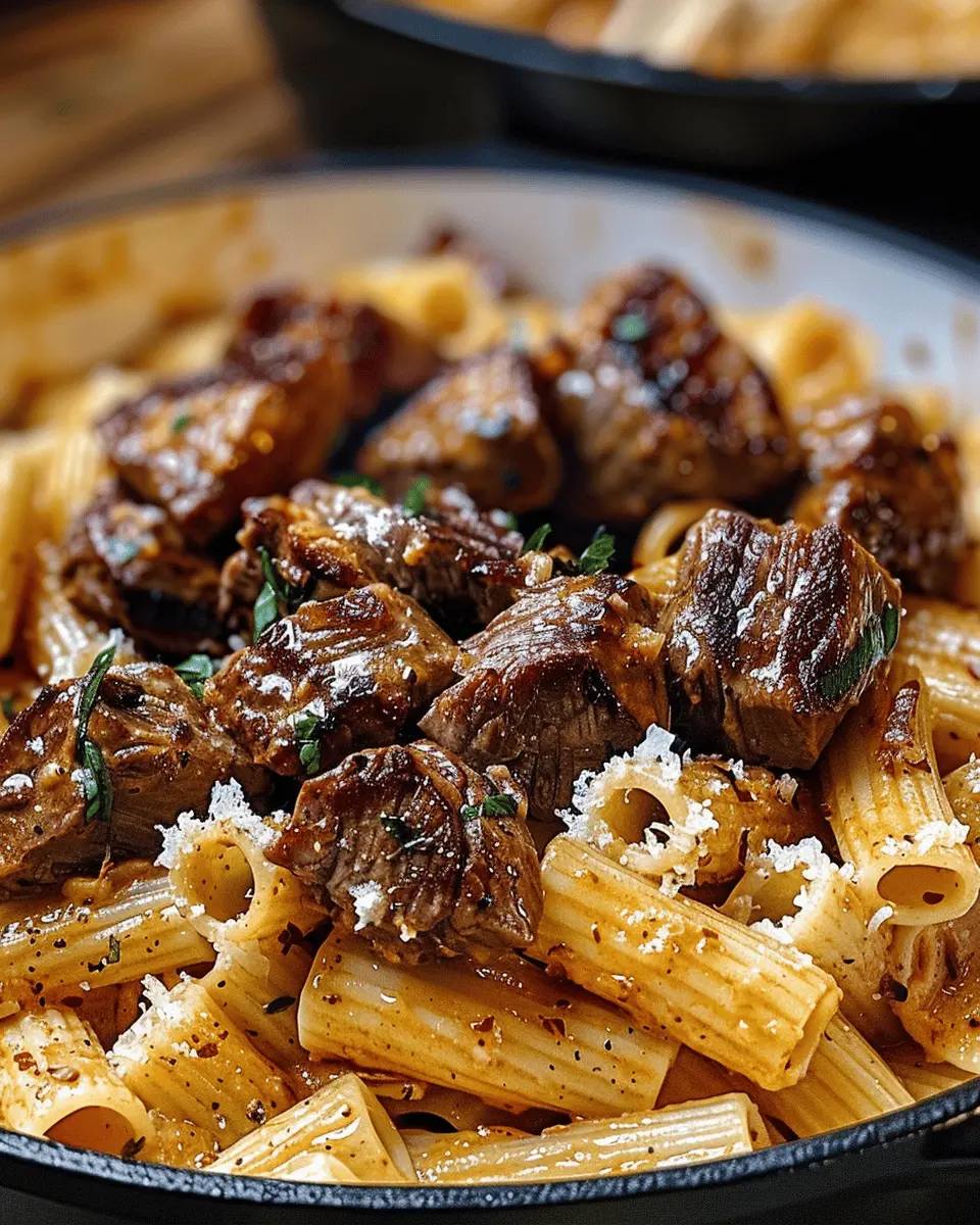 Cajun Steak Tips in Cheesy Rigatoni Parmesan Sauce