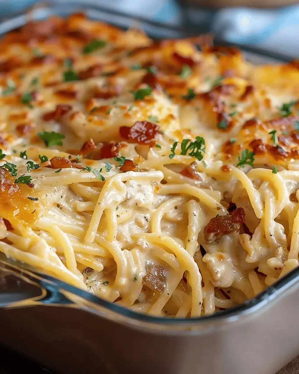 Creamy Southern Spaghetti Bake with Turkey Bacon and Chicken Ham