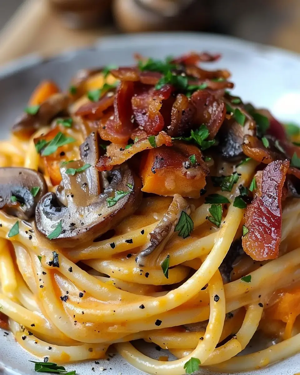 Pumpkin &amp; Mushroom Spaghetti with Crispy Turkey Bacon Delight
