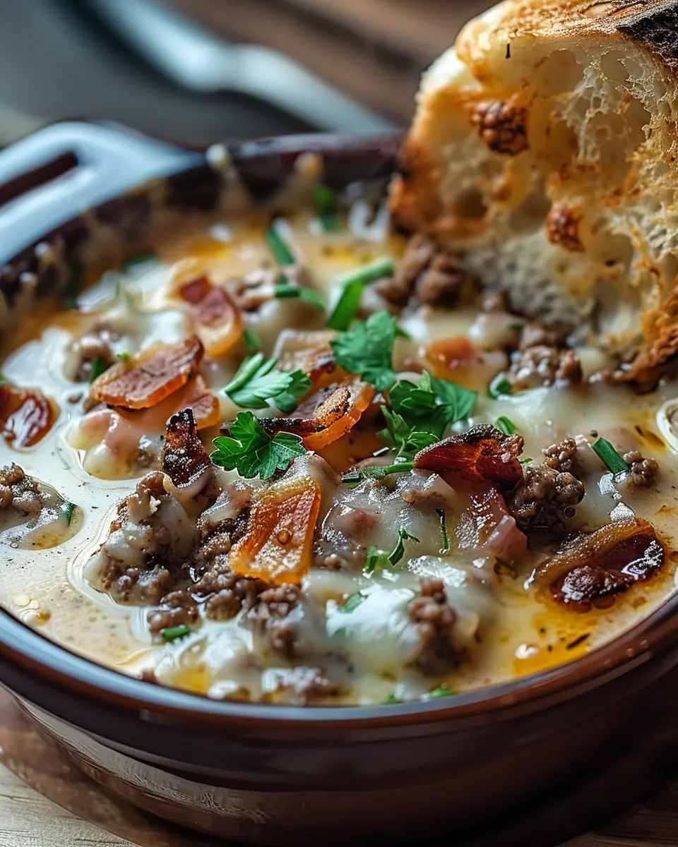 One-Pot Philly Cheesesteak Soup with Bacon and Cheesy Toast