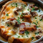 One-Pot Philly Cheesesteak Soup with Bacon and Cheesy Toast