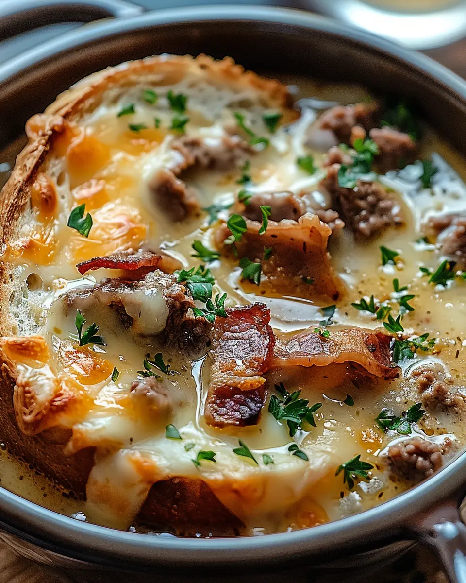 One-Pot Philly Cheesesteak Soup with Turkey Bacon & Cheesy Toast