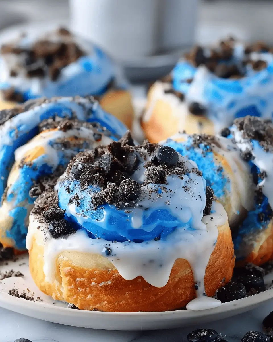 Cookie Monster Cinnamon Rolls: Blue Dough, Cookie Crumbles, and Creamy Sweetness