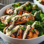 Grilled Chicken & Broccoli Bowls with Creamy Garlic Sauce
