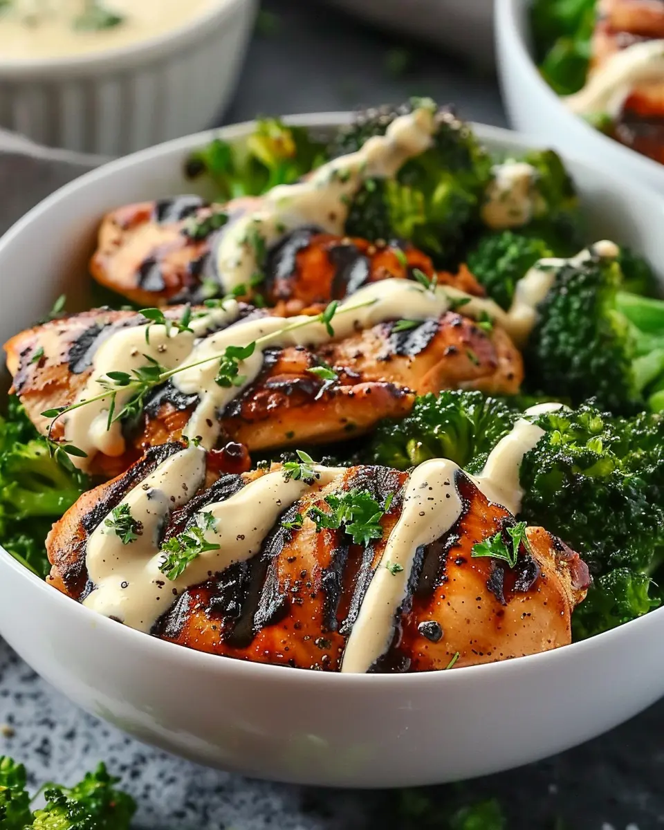 Grilled Chicken & Broccoli Bowls with Creamy Garlic Sauce