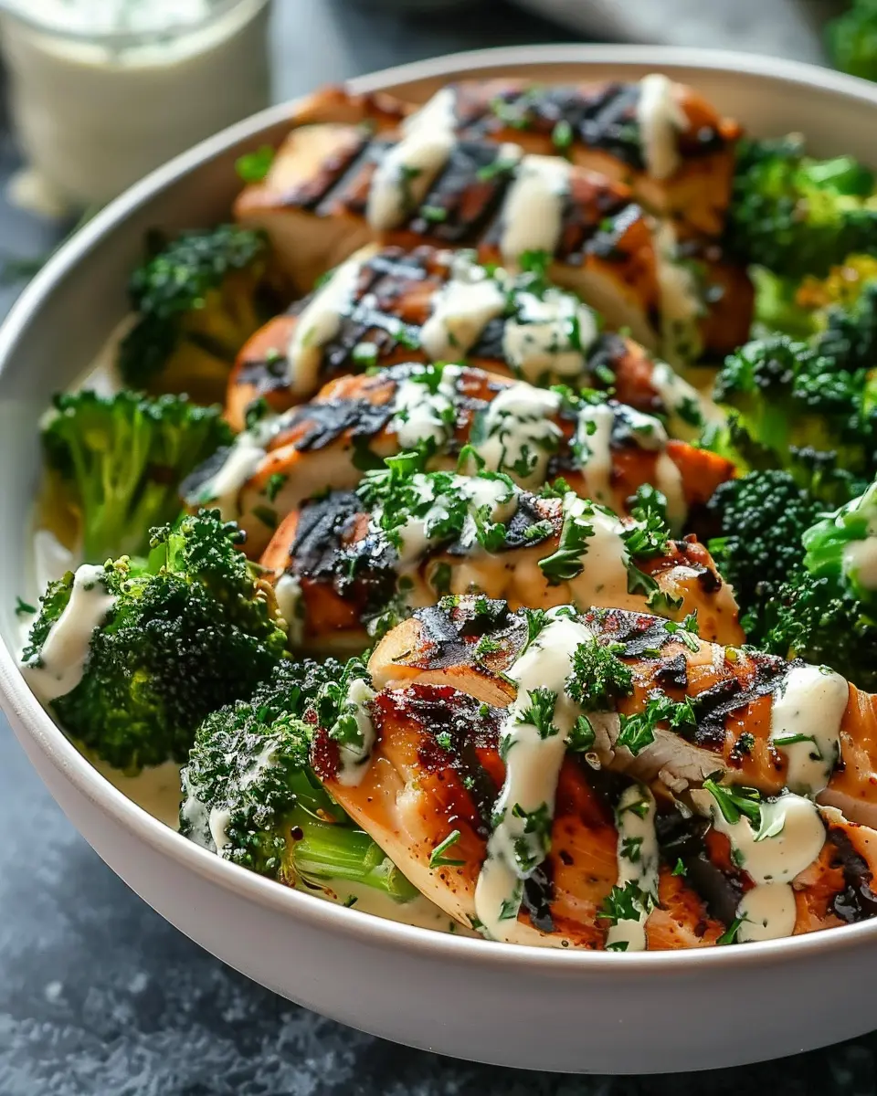 Grilled Chicken &amp; Broccoli Bowls: Easy Creamy Garlic Sauce Delight